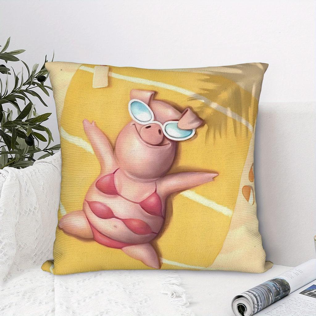 Funny Pig Pillowcase Beach Vacation Cushion Cover Cute Animal Summer Decor Novelty Gift Idea Tropical Throw Pillow