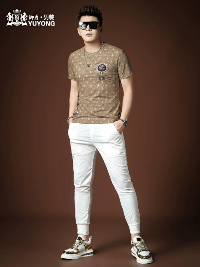 European Fashion Men's Clothing 2025 Summer Collection Half-Sleeve Round-Neck Top High-End Men's Trendy Brand Printed Short-Sleeve T-Shirt