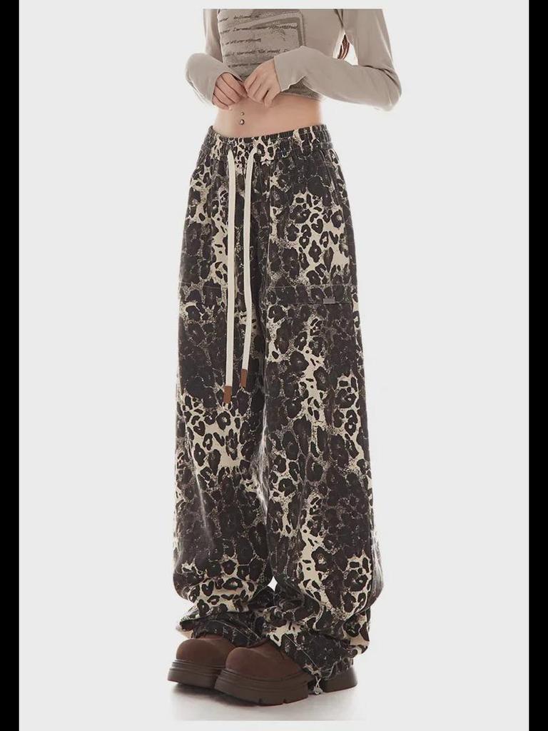 Женский комбинезон в стиле ретро с леопардовым принтом 2024 года в стиле хип-хоп — модные свободные повседневные брюки для уличных танцев