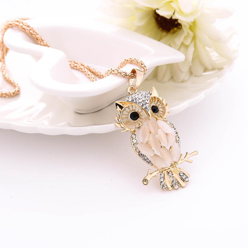 Luxury Hollow Gold Color Lady Blue Owl Pendant Necklace Sweater Chain Accessories Jewelery