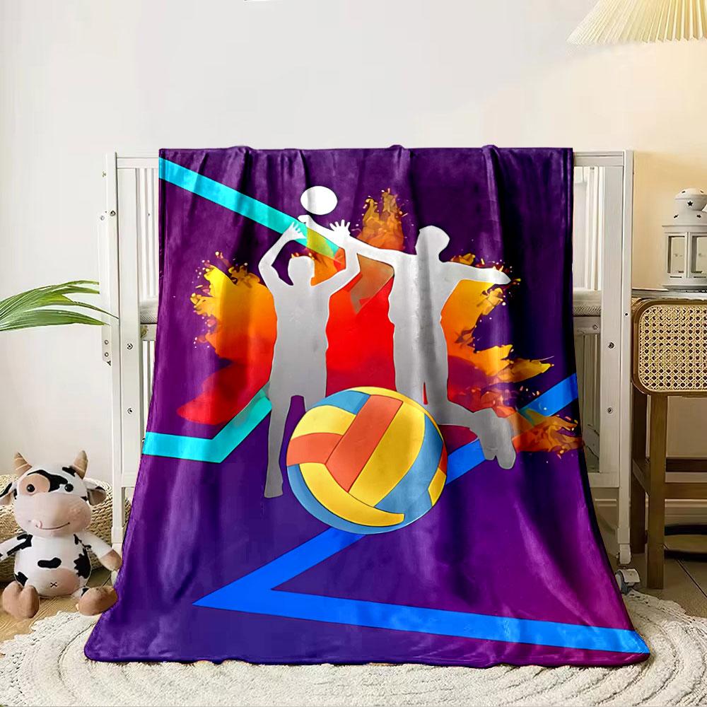 Two players in action with a colorful volleyball and abstract accents. for all seasons blanket lunch break throw gift