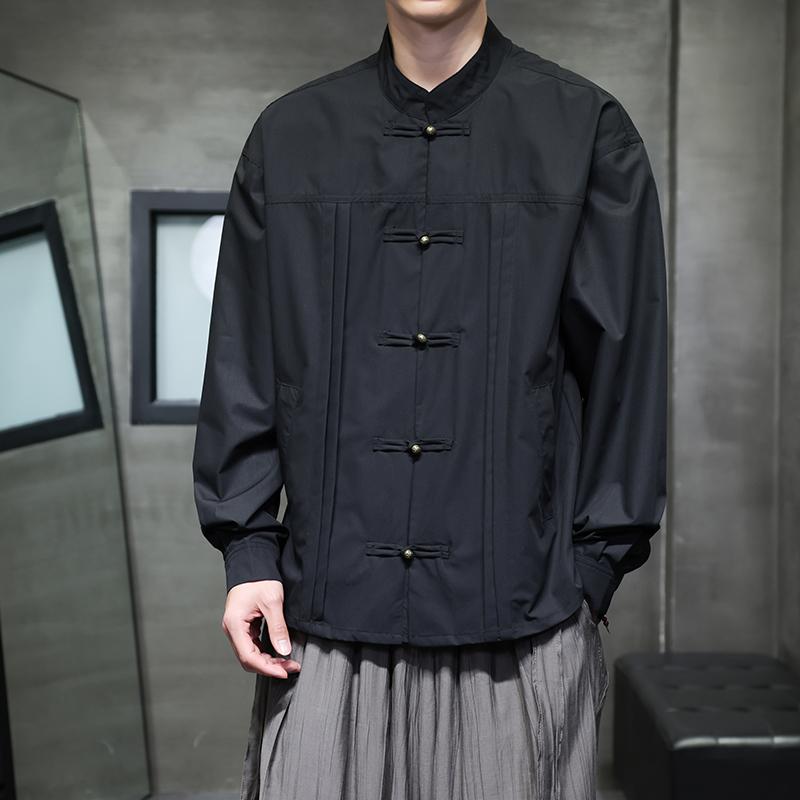 Осенняя мужская рубашка с воротником-стойкой, рубашки оверсайз, мужская рубашка с длинным рукавом в китайском стиле, формальные черно-белые повседневные ретро топы