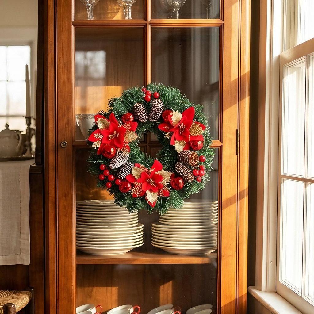 Holiday Poinsettia Pine Cone & Red Berry Wreath for Home and Porch Decor