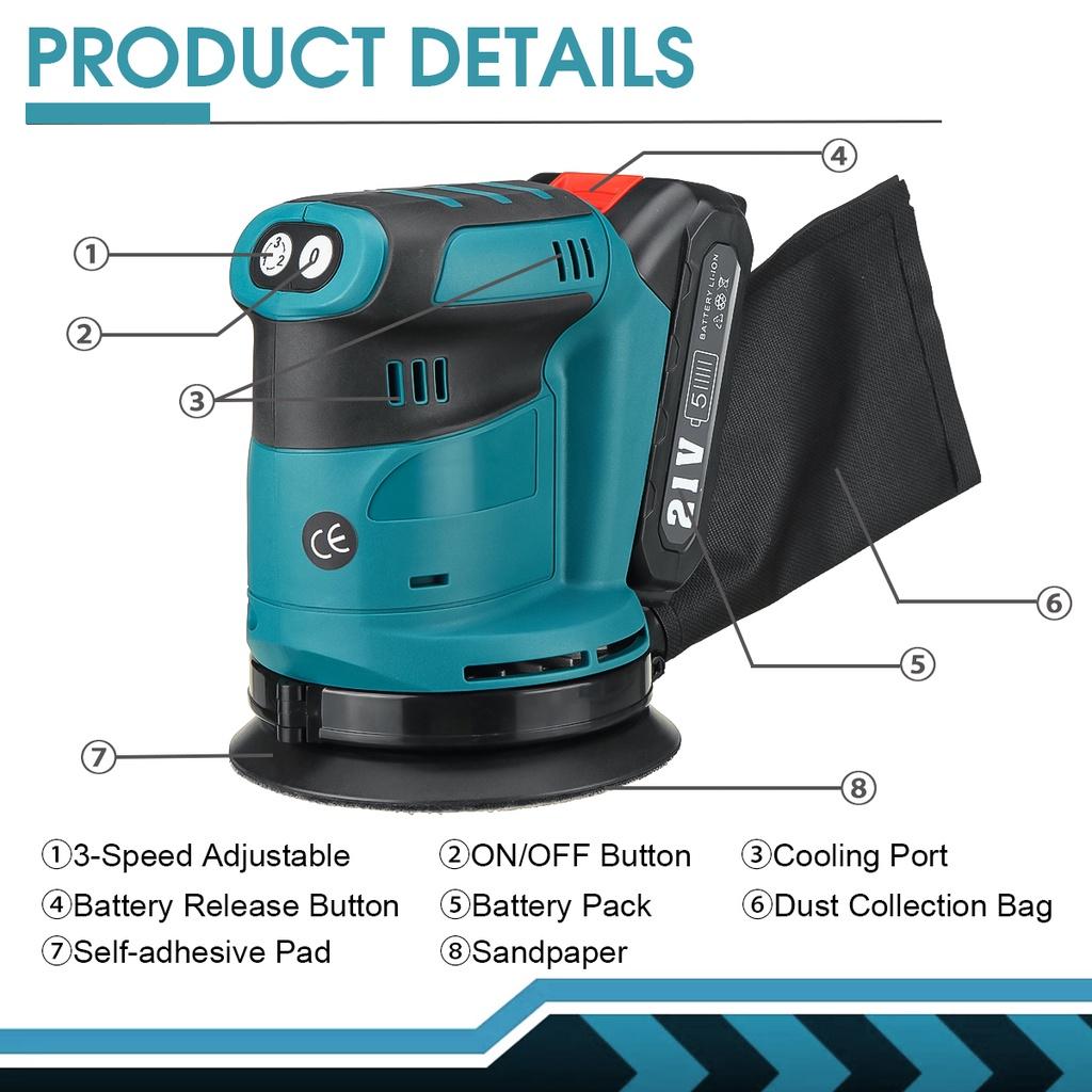 600 Вт 125 мм Беспроводная орбитальная электрическая шлифовальная машина для дерева Полировально-шлифовальный шлифовальный станок для батареи Makita