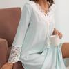 Женская новая кружевная однотонная пижама с длинными рукавами и V-образным вырезом, домашняя одежда, платья больших размеров с длинными рукавами