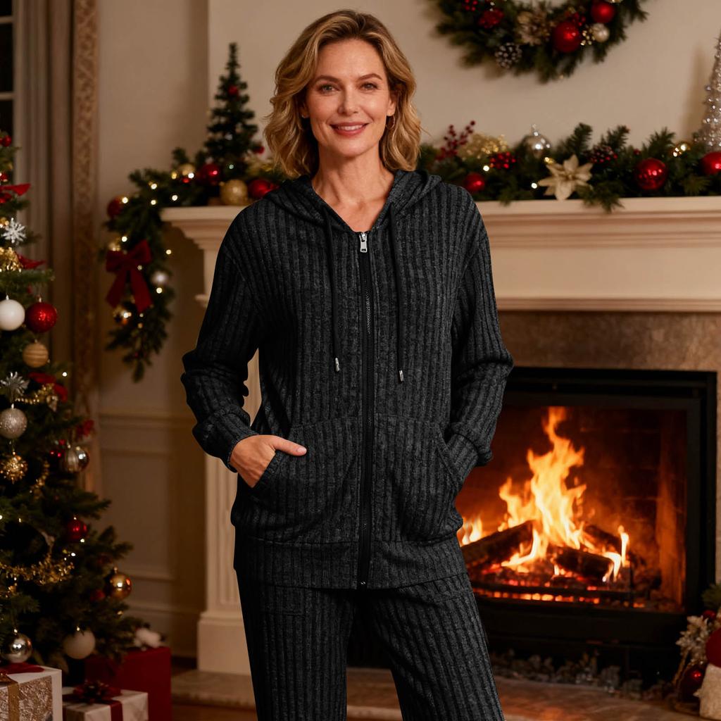 Женские спортивные костюмы из 2 предметов: худи на молнии с капюшоном и карманами и брюки с эластичной талией, мягкий эластичный осенне-зимний наряд