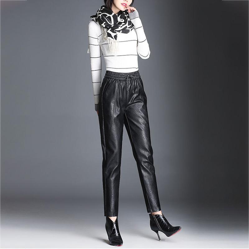Plus Velvet Thickened PU Leather Pants Women's Loose Wide Leg Pants High Waist Nine Points Harem Pants Trousers