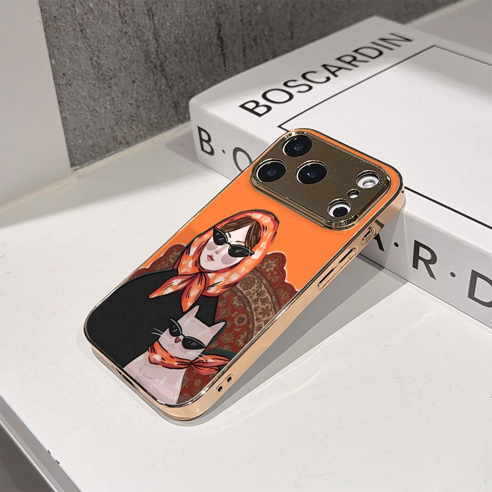 Чехол для телефона 'Счастливый старт' для iPhone 17 16 15 14 13 12 11 Pro Max 16E Золотой гальванизированный стеклянный корпус Оранжевая Cool Duo Обложка