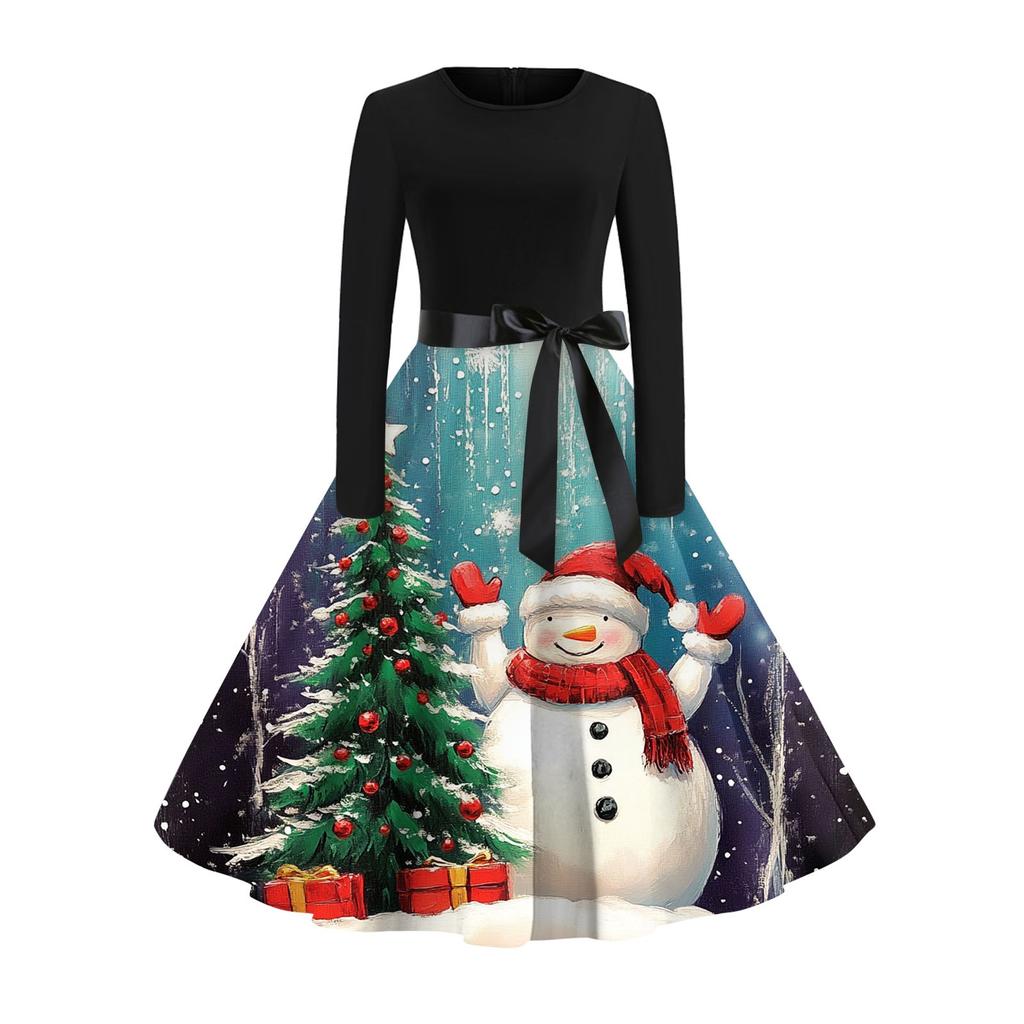 Christmas Print Flare Dress For Women Long Sleeve Dress Hollow Party Casual Dresses