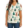 Women's Christmas Print V-Neck Double Pocket Short Sleeves Hem Slit Uniform And Caregiver Top