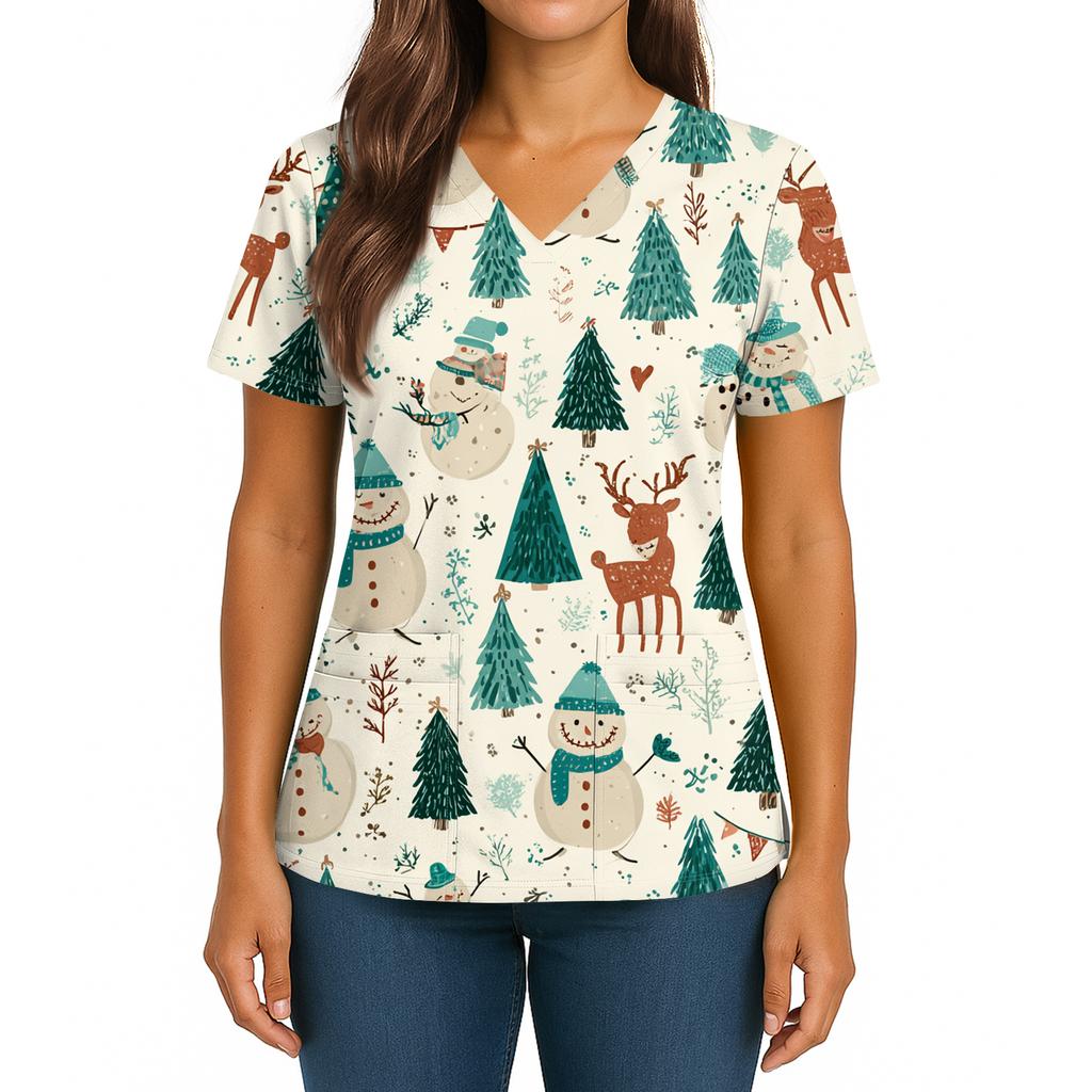 Women's Christmas Print V-Neck Double Pocket Short Sleeves Hem Slit Uniform And Caregiver Top