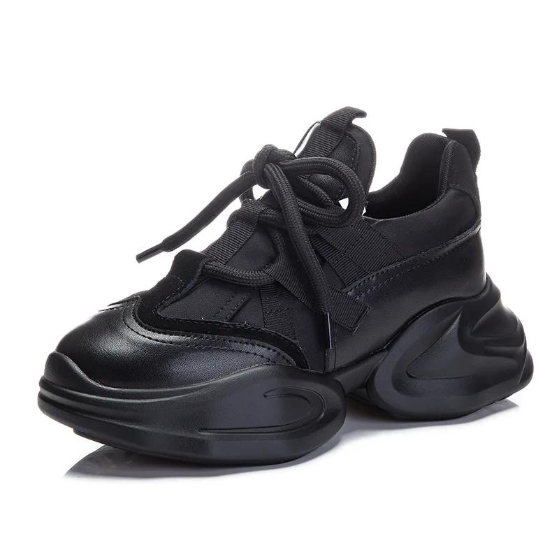 Модные 8 см Новая Натуральная Кожа Женские Летние Полые Воздушная Сетка Платформа Клиновидные Массивные Кроссовки Осень Весна Мода На шнуровке Повседневная Обувь