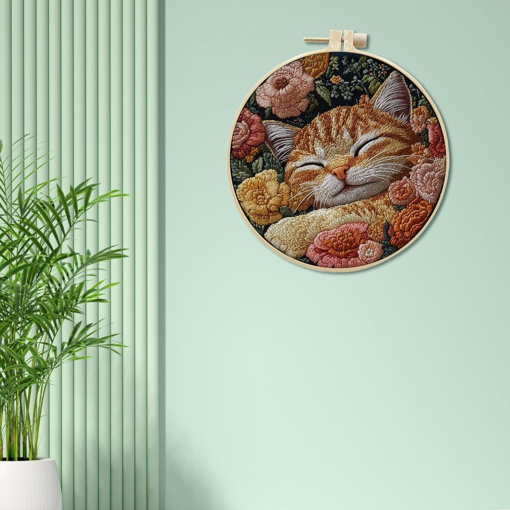 IUHUI Embroidery Kit for Advanced Adults Cute Cat Country I Pattern DIY Hand Stitch Embroidery Set with Hoop Cat - (Small Flower)