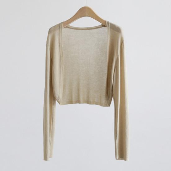 Женский короткий кардиган, однотонный, тонкий, с длинным рукавом, с открытой строчкой, эластичный