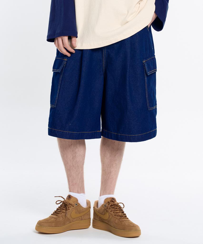 CONTROBANAL3 Raw Denim Wide Cargo Shorts [Indigo]