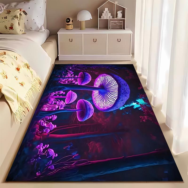Glowing Purple Mushrooms in Fantasy Forest Non-slip rug suitable for living room and bedroom sofas.