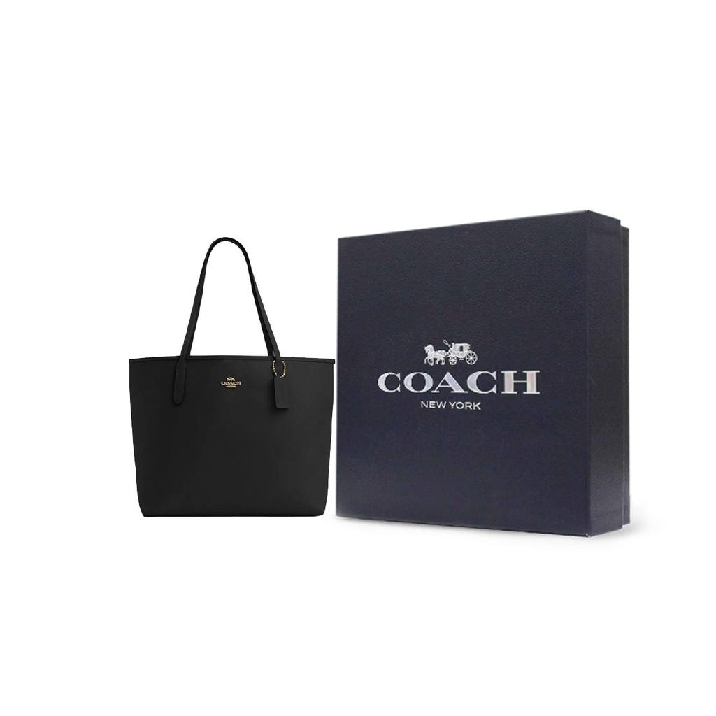 Coach Город 33 Логотип Застежка-кнопка Кожаная сумка-тоут Женская сумка-тоут Черная CR111-IMBLK