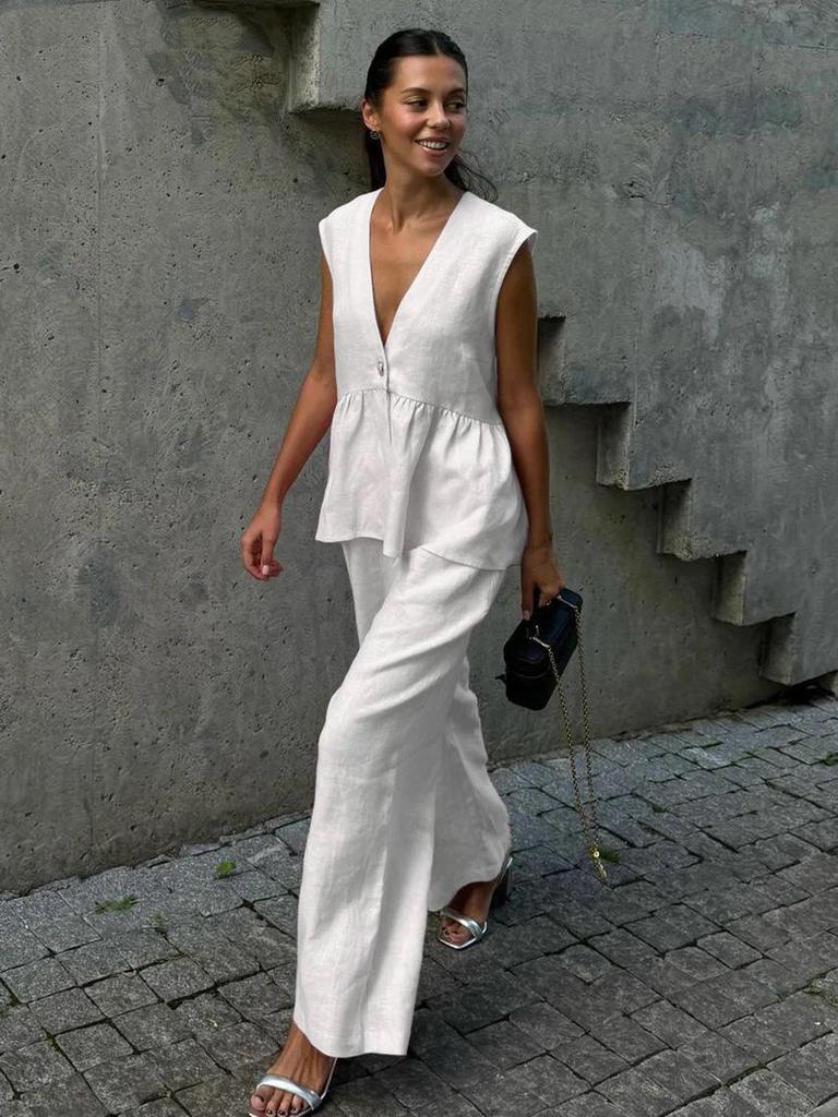 2025 Women's Solid Color Cotton V-neck Sleeveless Top & Long Pants Two-Piece Set – European and American Style