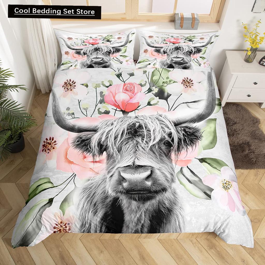 Highland Cow Flower King Queen Duvet Cover Cattle Rose Bedding Set Western Animal Comforter Cover Farmhouse Bull Quilt Cover