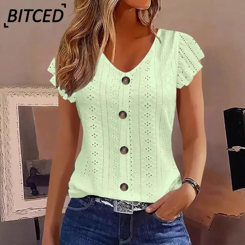 BITCED Женская Модная Повседневная Однотонная Печатная Блузка с Коротким Рукавом и V-образным Вырезом