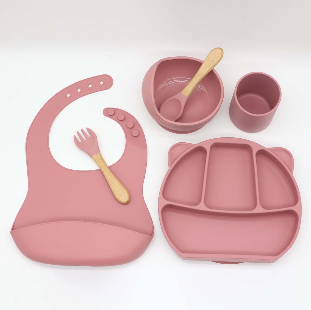 6PCS BPA Free Baby Silicone Tableware Bib Flexible Solid Color Sucker Bowl Spoon Fork for Children Learning Feeding Flatware
