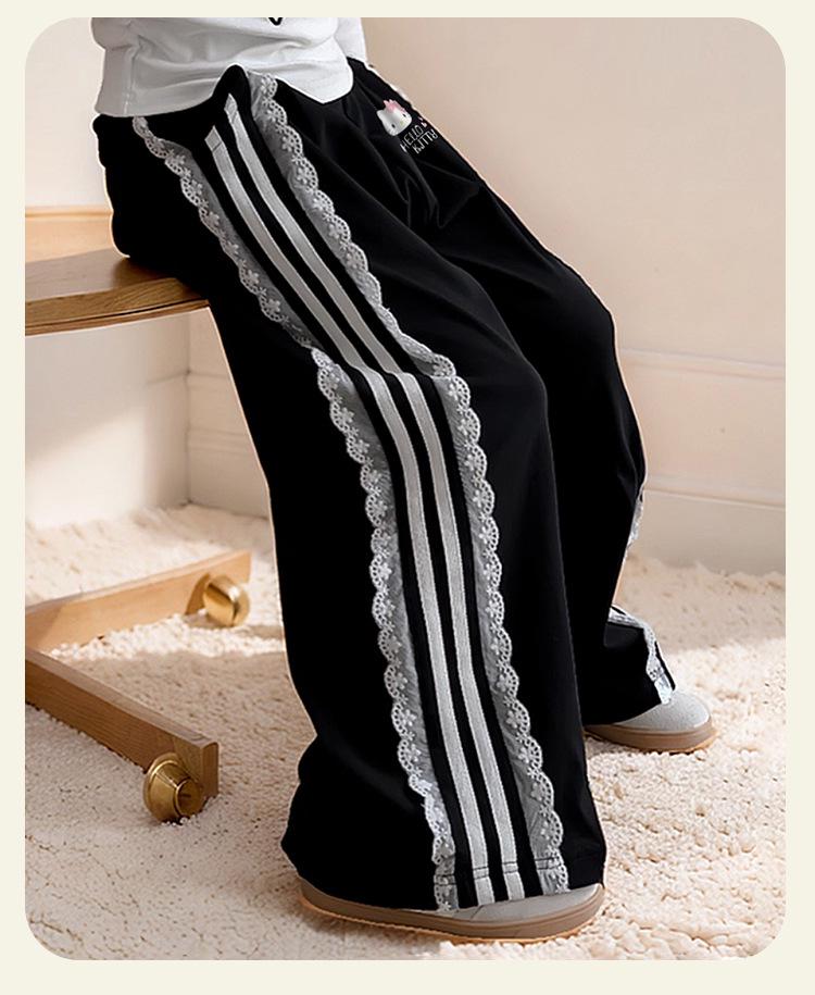 Широкие спортивные штаны для девочек Hello Kitty 2026: Кружевная вставка, Универсальная повседневная одежда для детей среднего и большого возраста