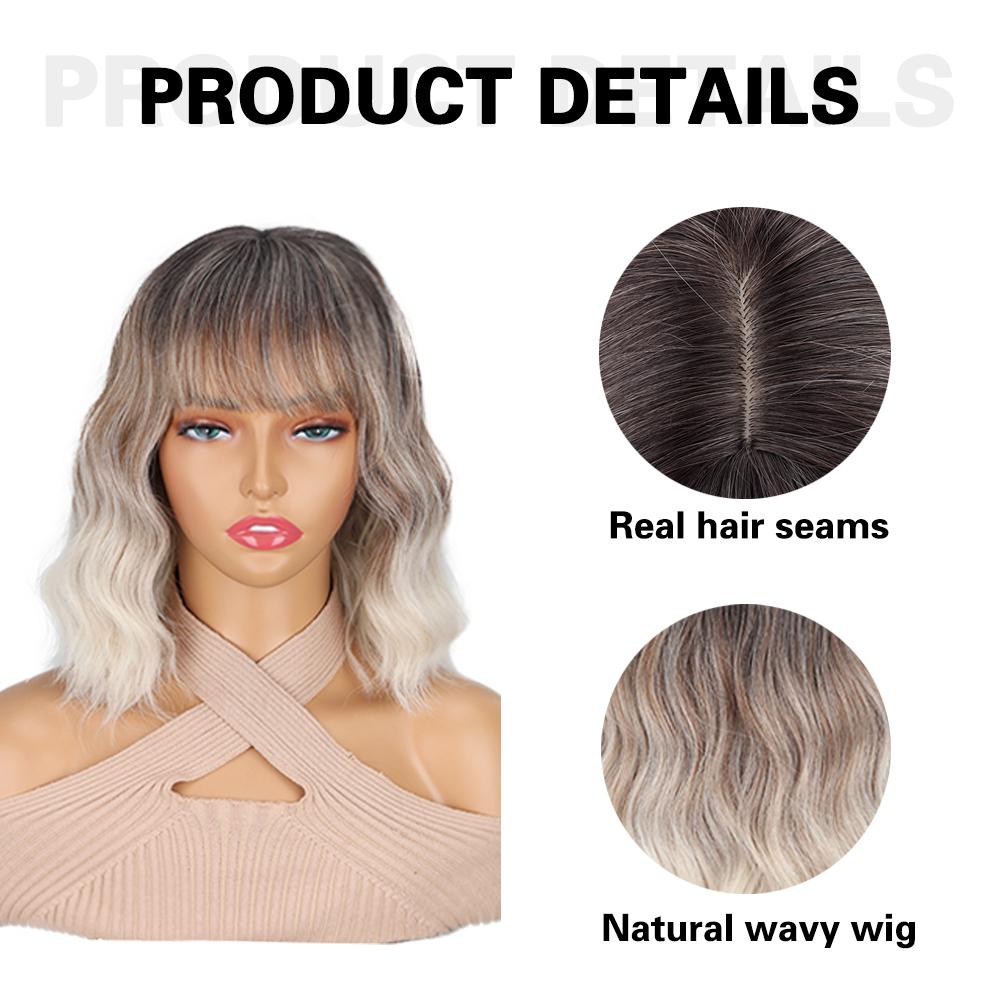 MISS WIG Synthetic Wavy Wig With Bangs Soft Short Bob Wigs For Women Shoulder Length Women's Curly Wigs Cosplay Daily