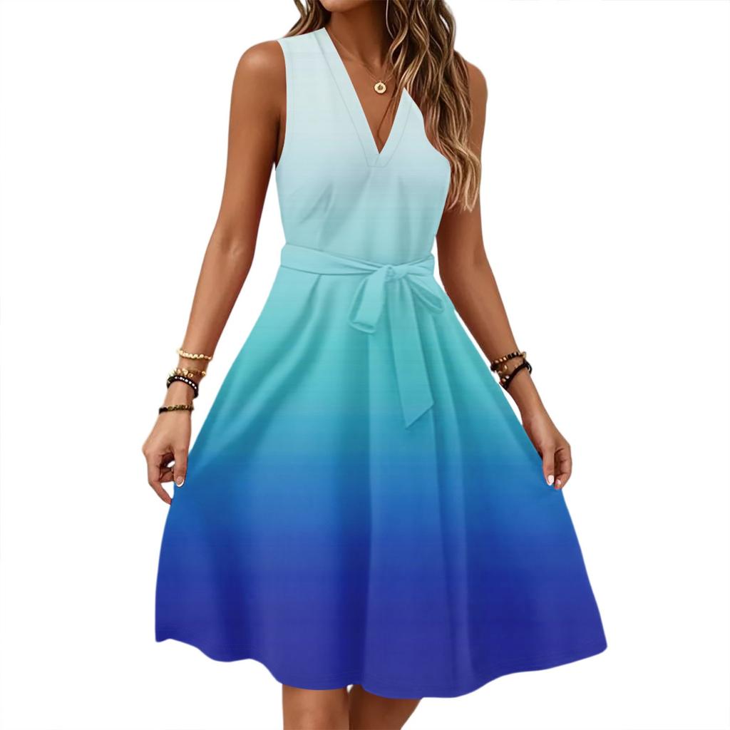 Женское весенне-летнее повседневное миди-платье без рукавов с V-образным вырезом, приталенное, с градиентным принтом