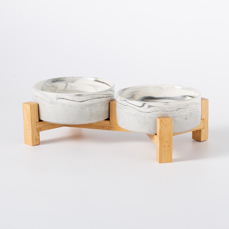 Керамическая миска для корма домашних животных с приподнятой бамбуковой подставкой - Антиопрокидывающаяся конструкция для собак и кошек, Защищает шейный отдел позвоночника