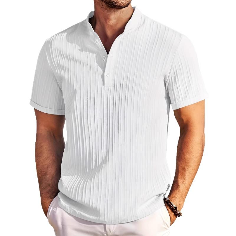 Men's White Vertical Textured Henley Neck Short Sleeve Shirt