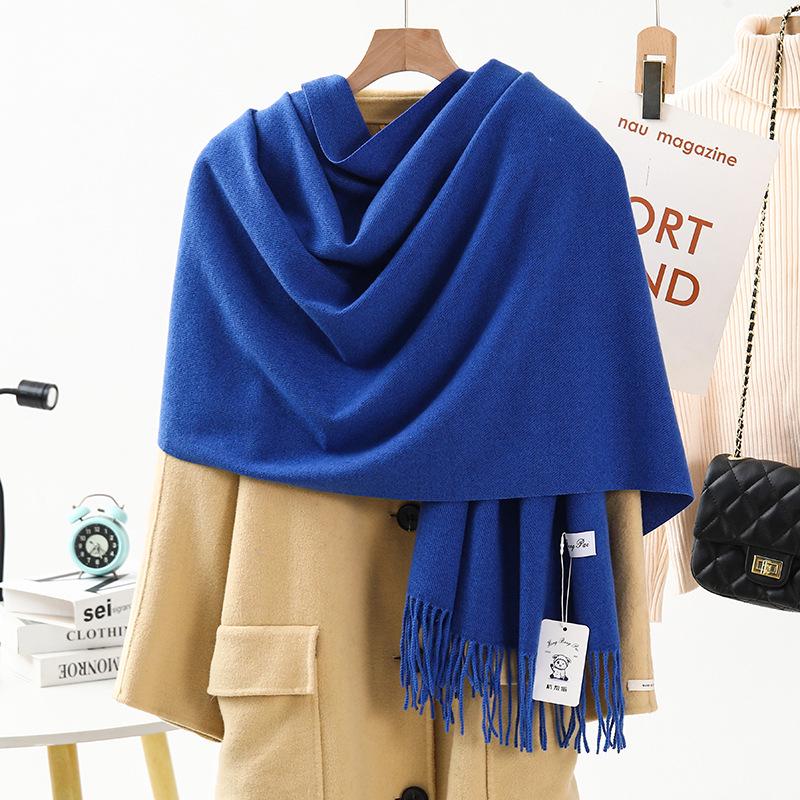 Women's Warm Wool-Feel Faux Cashmere Scarf - Thick, Plain Color Shawl for Autumn/Winter