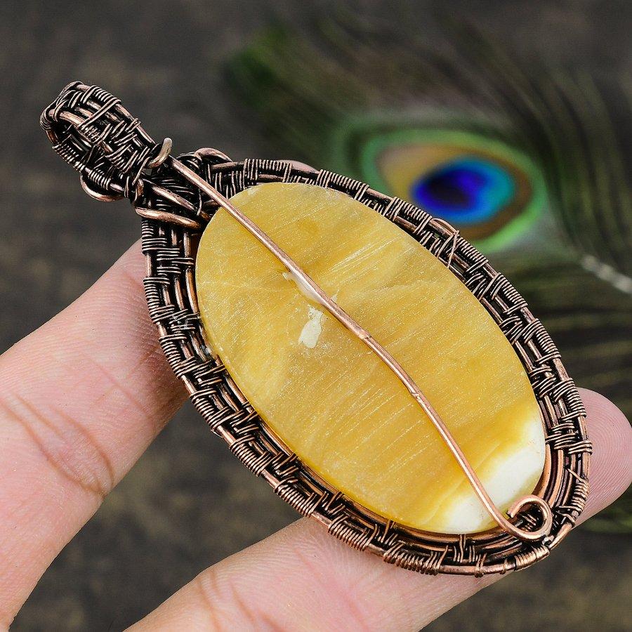 Желтый Флюорит Драгоценный Камень Медная Проволока Оплетка Ювелирная Подвеска 3.27