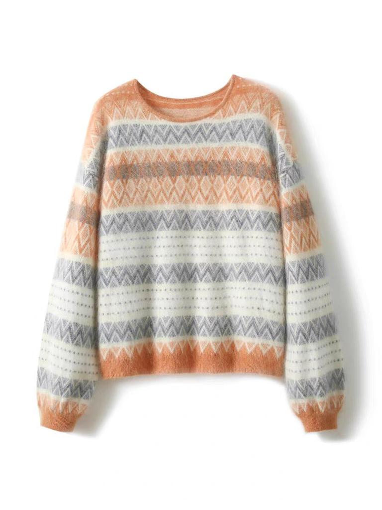 Женский джемпер с жаккардовым узором Fair Isle - Осень/Зима, Корейский стиль, Свободный крой, Свитшот с круглым вырезом
