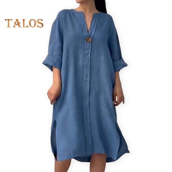 Женское осенне-летнее платье Свободное платье с V-образным вырезом и рукавами три четверти Трапециевидной формы Сплошной цвет с разрезом на пуговицах Декор Повседневная повседневная одежда Платье миди