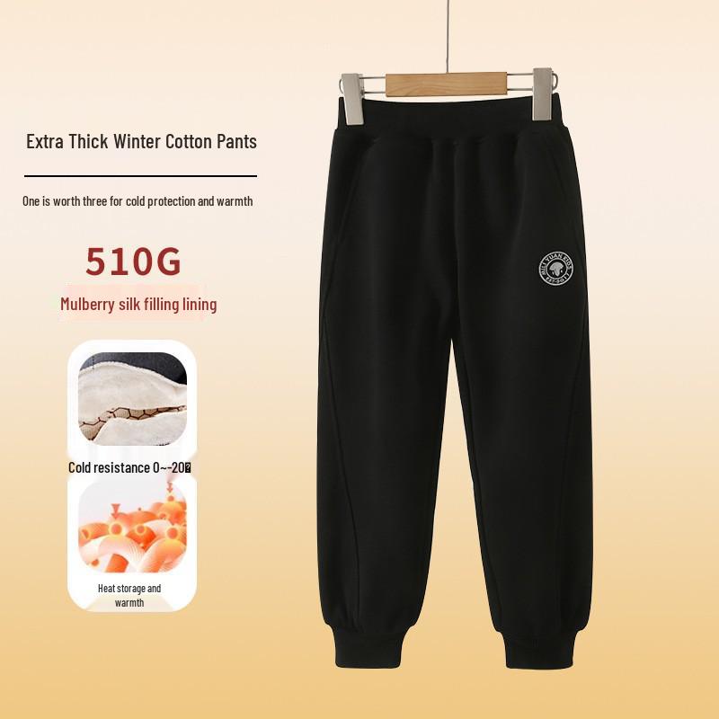 2024 Зимние утепленные хлопковые брюки на флисовой подкладке для мальчиков среднего и старшего возраста - Спортивный стиль