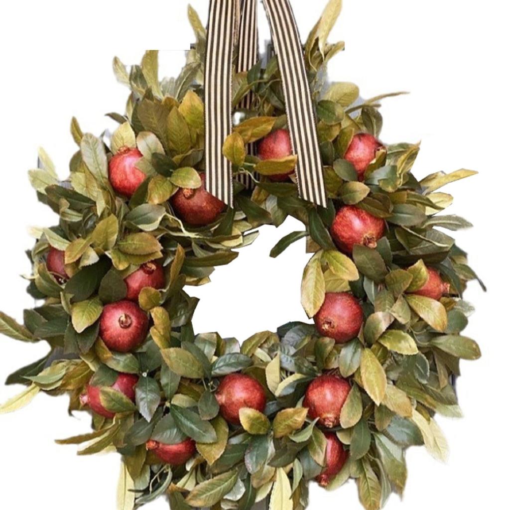 16 Inch Autumn Country Style Harvest Wreath with Red Pomegranate Fruit Blade Ribbon Front Door Wall Window Porch Decorative Green