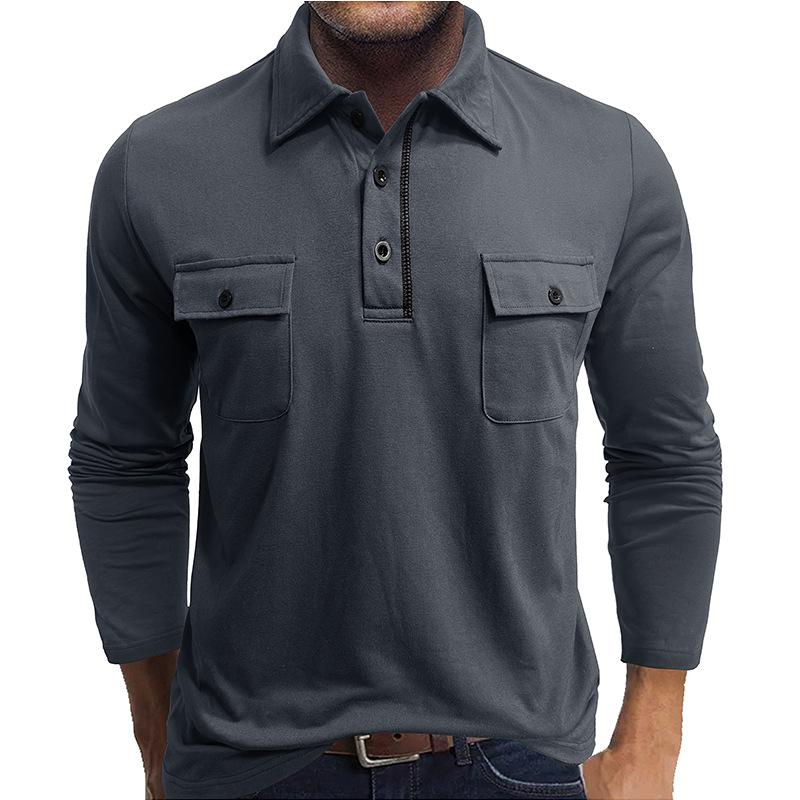 Men's Long Sleeve Polo Shirt with Button-Down Collar and Chest Pockets, Multiple Colors