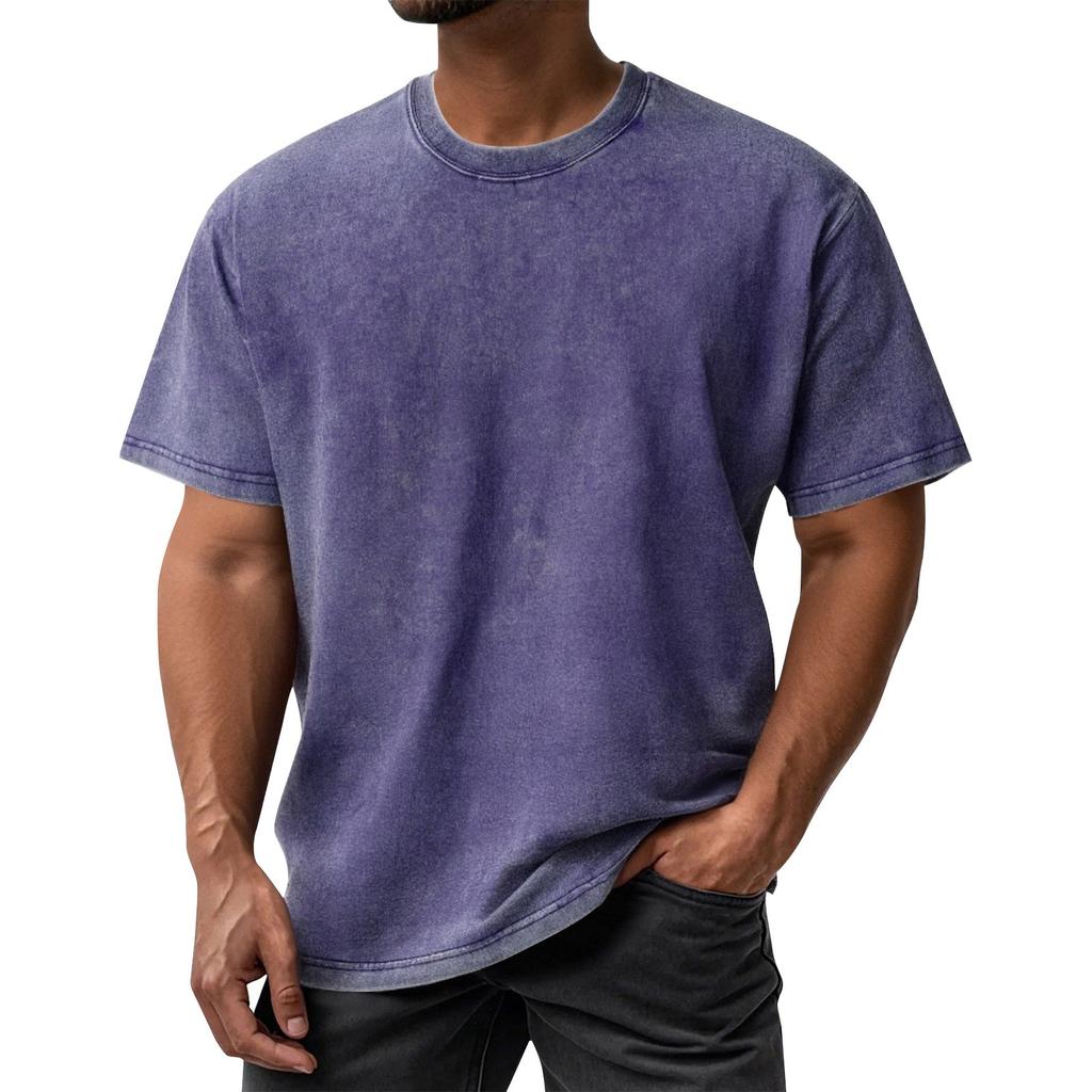 Men's Summer Retro Washed Round Neck Distressed Top Loose Short-sleeved T-shirt