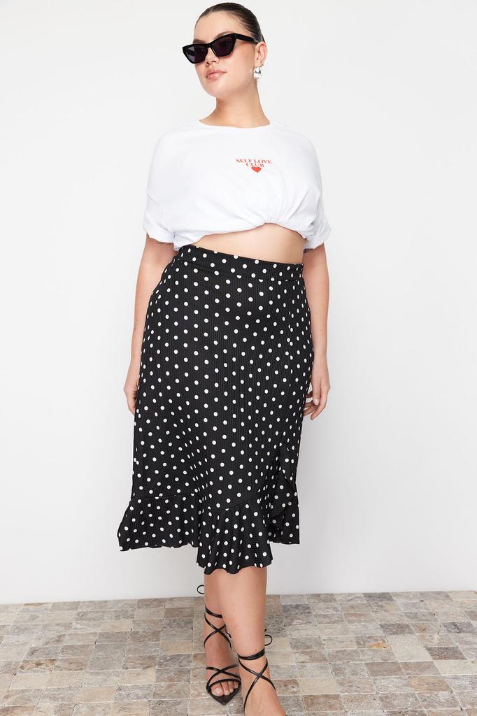 Women's Style Plus Size Black Polka Dot Patterned A-Line Knitted Skirt