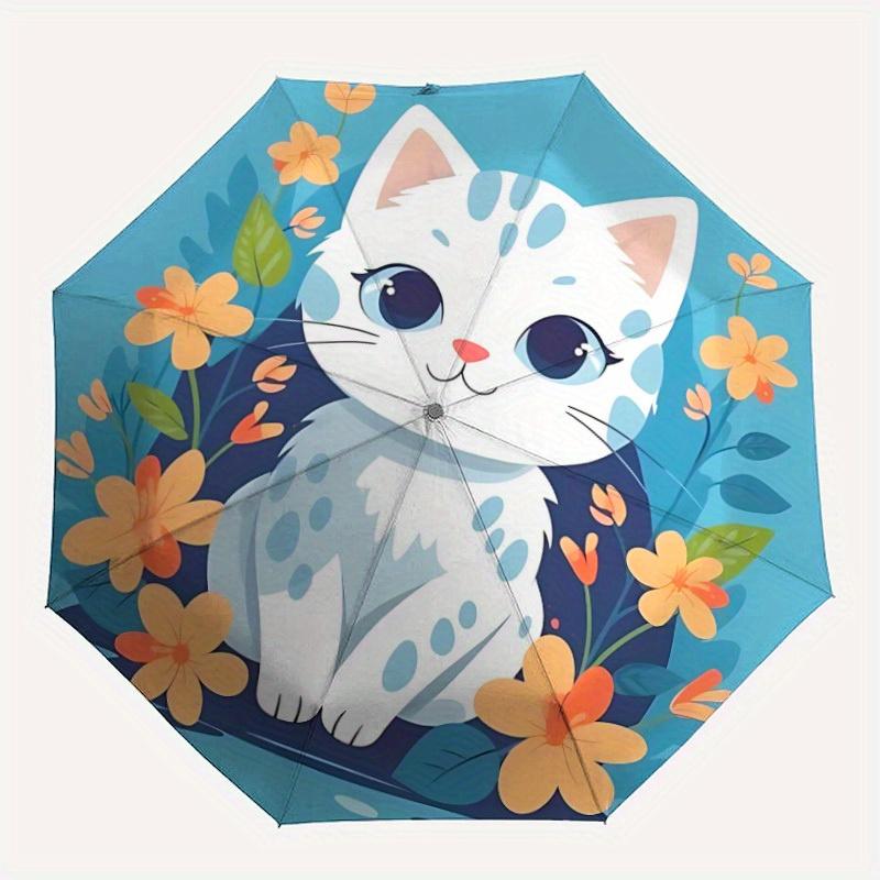 1pc Kitten Flowers Automatic Umbrella - Auto Open/Close Folding Umbrella with Reinforced 8-Rib Frame, 096