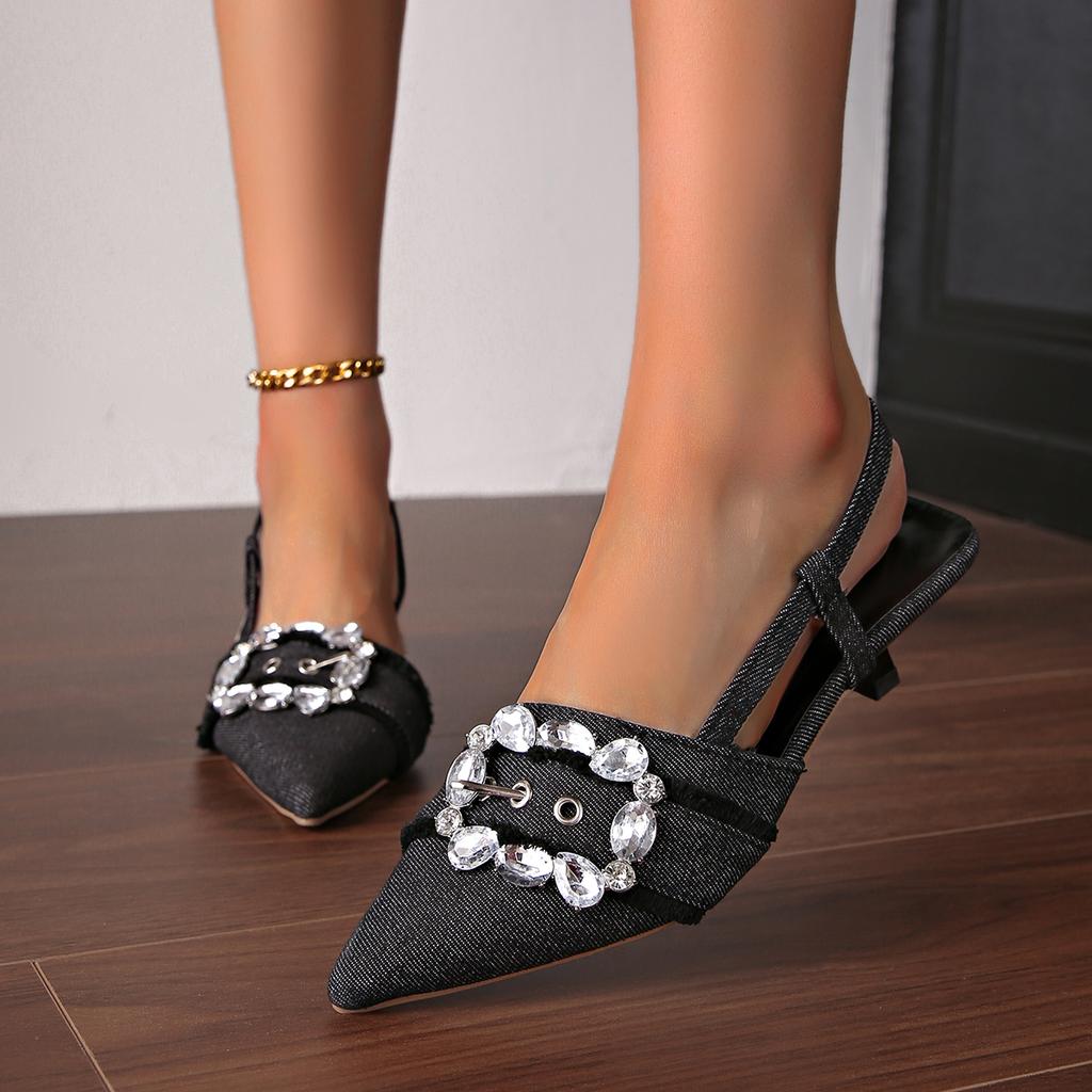 Fashion Denim Blue Women Sandals Elegant High Heels Slingback Pointed Toe Shoes Fashion Desiger Rhinestone Woman Pumps Wedding Shoes