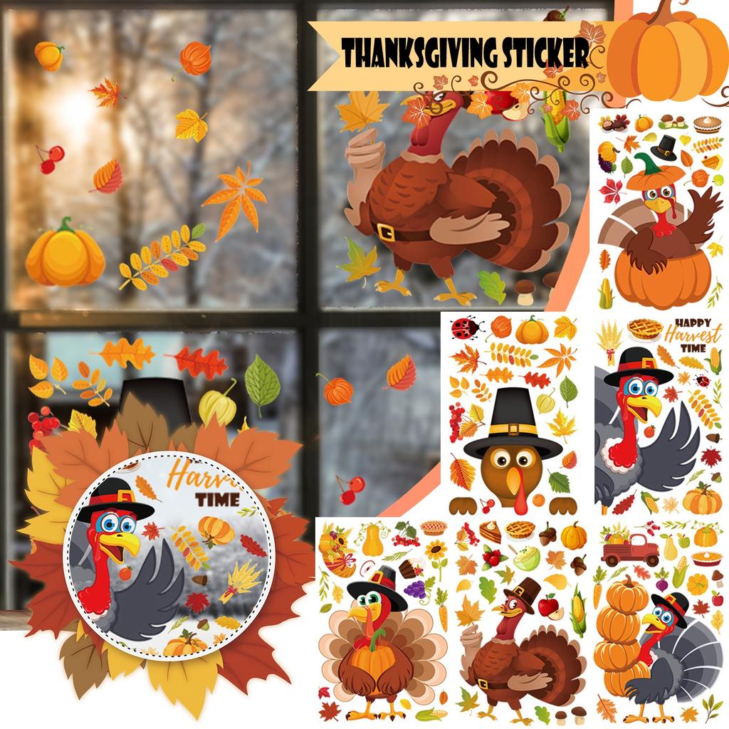 Thanksgiving Window Clings Fall Leaves Window Stickers Decorations, Turkey Acorns Owl Squirrel Maple Autumn Window Cling