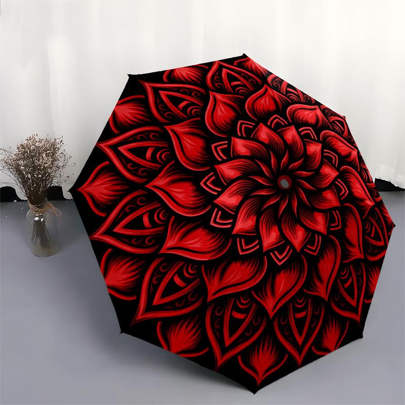 1pc Red Lotus Mandala Umbrella with Plastic Handle,Compact & Stylish,Suitable for All Seasons YS331066