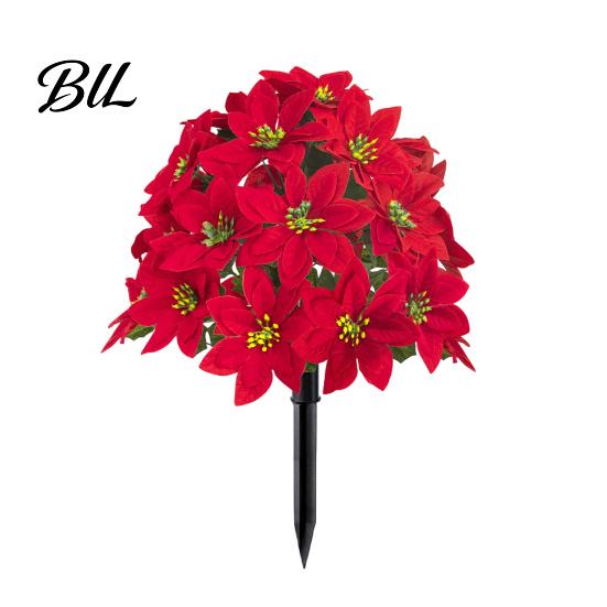 Outdoor Patio Christmas Accents Artificial Poinsettia Flower Yard Stake, Red Floral Ground Spike Decor, Potted Plants Weather?Resistant Fake