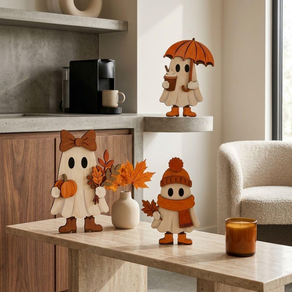 3Pcs Pumpkin Autumn Ghost Desktop Decor Maple Leaf Halloween Ghost Figurines Thanksgiving