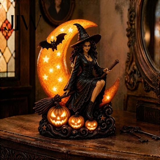 Glowing Crescent Moon Pumpkin Lamp Halloween Witch Lamp, Gothic LED Night Light, Artistic Mystical Home Decor Spooky Decorative Table for Bedroom
