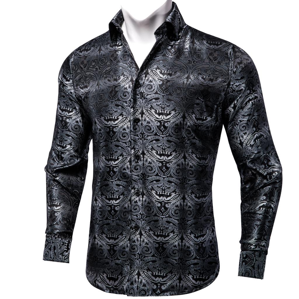 Men's Silk Shirt Button Down Dress Shirts Paisley Long Sleeve Shirts Formal Work Casual