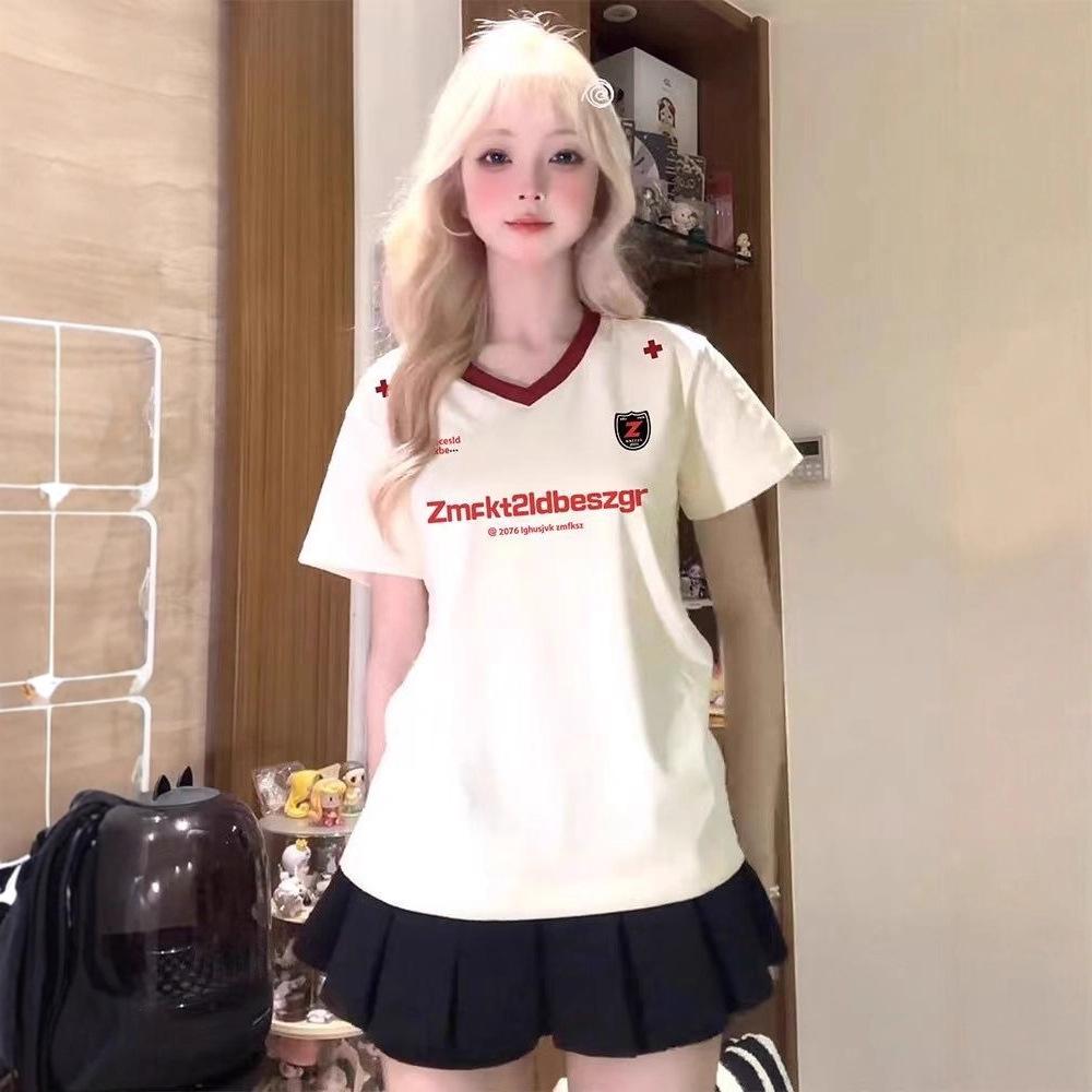 Cream White V Neck Short Sleeve T-Shirt for Women, Red Contrast Trim Letter Graphic Cross Patch Loose Oversized Casual Sport Tee Top