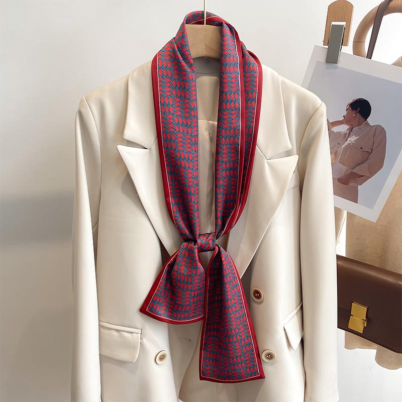 Women Silk Feel Printed Design Scarf Shawl Fashion Luxury Long Narrow Small Silk Scarves Ladies Headband Headscarve Bags Wrap