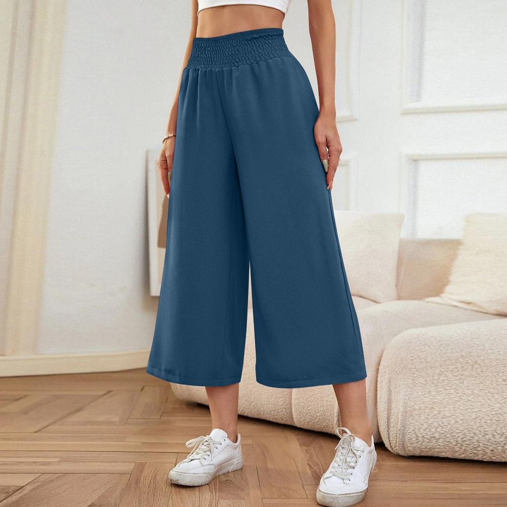 Women's Wide-leg, High-waisted Stretchy Solid Color Casual Loose Cropped Pants